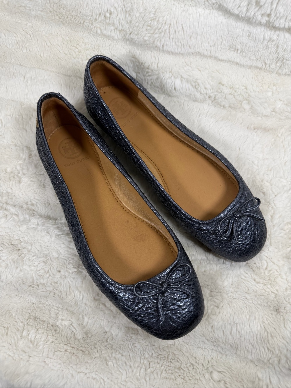 Tory Burch Laila Driver Ballet Flats Women 6.5 Metallic Navy Crinkle Leather